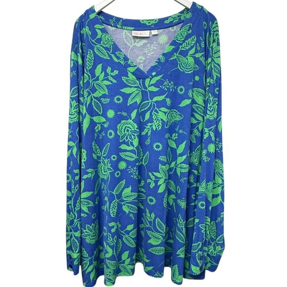 BELLE Kim Gravel Blue Floral Top Plus Size 5X Stretch V-Neck Tunic Tee - Picture 2 of 9